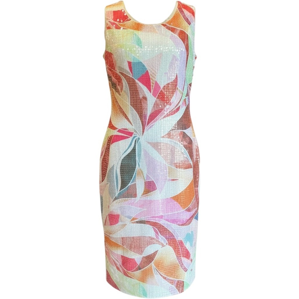 CIEBON Women Abstract Floral Sequin Midi Dress Cream Multi Size M NWT